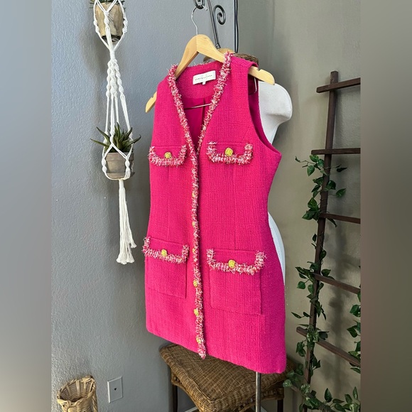 Endless Rose Tweed Trim Button Down Sleeveless Mini Dress Double Breasted L - Picture 12 of 16